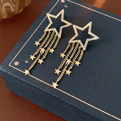 Star Tassel Stud Earrings With Silver Earring Post Copper Zircon Pentagram Sparkling Dangle Jewelry For Women Gold