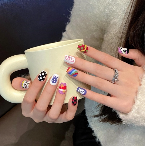 Handmade Press On Nails Colorful Cartoon Eye Checkerboard Rainbow Y2K Style Full Cover Square Fake Nails For Women
