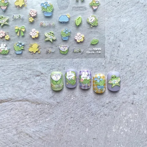 Pegatinas Para Uñas Relieve 5D Autoadhesivas Estilo Japonés Lindo Conejo Flor Decoración Manicura DIY