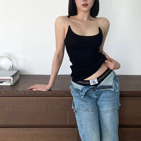 Women Sexy Slim Fit Tank Top Invisible Transparent Straps U-Neck Knitted Rib Backless Cami Top Solid Color Minimalist