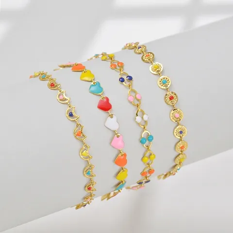 Pulseras de Amuletos para Mujer de Acero Inoxidable Esmalte Corazón Luna Sol Flor Esmalte de Color Joyería de Moda Cadena Ajustable