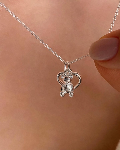 Collana Orso Cuore in Argento Sterling 925 da Donna Ciondolo Cuore Cavo Design Animale Stile Ins Coreano Gioielli Regalo