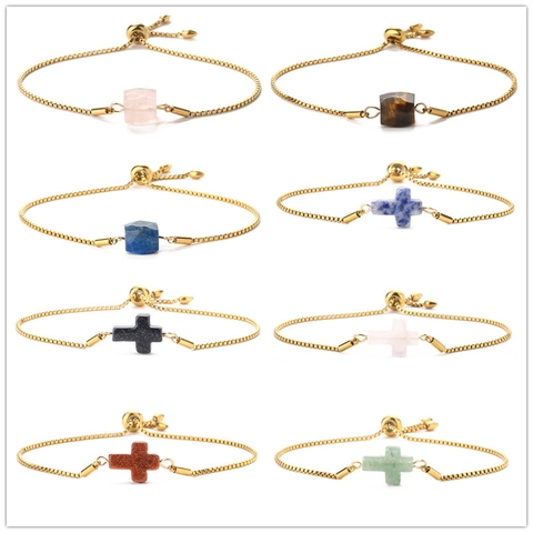 Bracciale Con Ciondolo A Croce Pietra Naturale Acciaio Inossidabile Catena Box Chiusura Bolo Regolabile Gioielli Minimalisti Uomo Donna