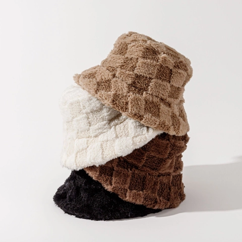 Plush Bucket Hat Faux Fur Checkerboard Pattern Warm Windproof Winter Outdoor Casual Streetwear Style For Women