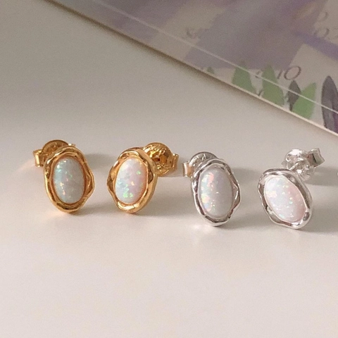925 Sterling Silver Opal Stud Earrings White Oval Irregular Edge Minimalist INS Style Jewelry For Women