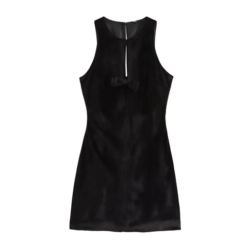 Sleeveless Velvet Mini Dress With Hollow Out Bow Decoration Elegant Sexy Black Party Evening Dress For Women