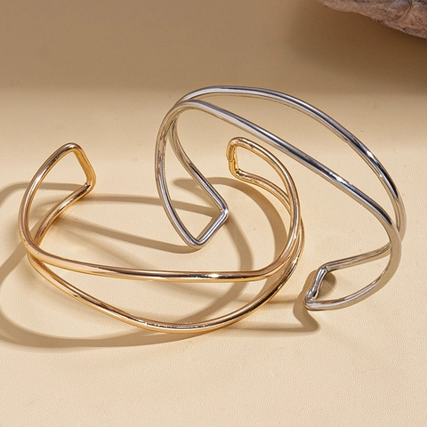 Brazalete Abierto De Doble Capa Con Ondas Minimalistas Aleación Líneas Geométricas Irregulares Pulsera Ajustable Para Mujer