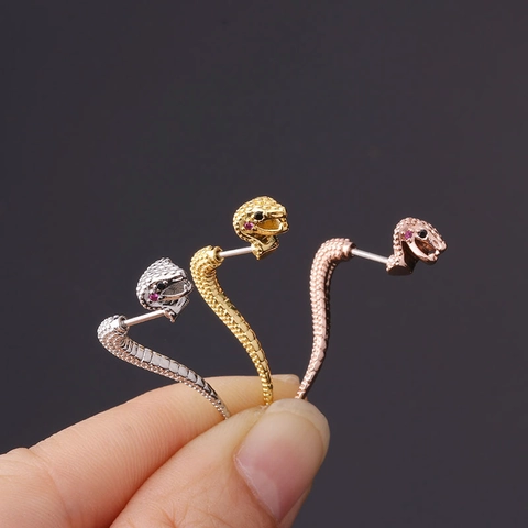 Snake Shaped Ear Cartilage Stud Stainless Steel Screw Back Copper Zircon Punk Piercing Jewelry For Women Accessory