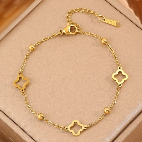 Stainless Steel Hollow Four-Leaf Clover Bracelet For Women Fashion Gold Plated Round Beads Adjustable Chain Jewelry Gift