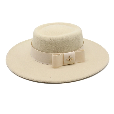Cappello Boater A Tesa Larga In Feltro Stile Britannico Vintage Elegante Con Nastro Fiocco Decorazione Ape