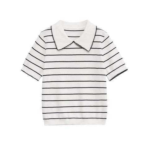 Top In Maglia A Maniche Corte Da Donna Bordo In Pizzo Colletto Peter Pan Retro Casual Polo A Righe Stile Elegante