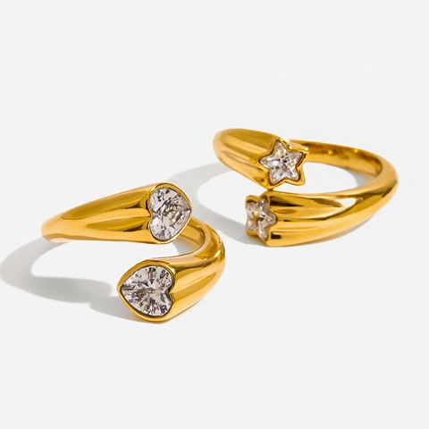 Adjustable Open Ring 18K Gold Plated Stainless Steel Zircon Star Heart Waterproof Hypoallergenic Jewelry For Women