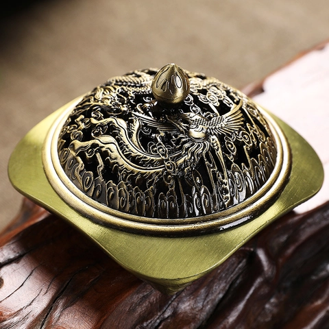 Vintage Metall Weihrauchbrenner Drachen Phönix Ausgehöhlter Deckel Retro Legierung Censer Zen Haus Deko Ornament