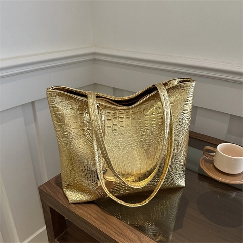 Crocodile Pattern Women Tote Bag Large Capacity PU Leather Shiny Metallic Urban Simple Shoulder Handbag