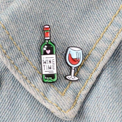 Emaille Anstecknadel Brosche Legierung Weinflasche Und Glas Wine Time Cartoon Kreativ Kleidung Rucksack Schmuck Zubehör