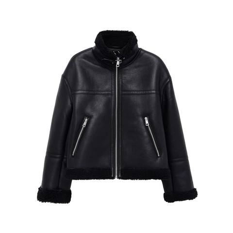 Veste Aviateur Femme En Similicuir Avec Bordure En Peau Lainée Revers Fermeture Éclair Manteau Court