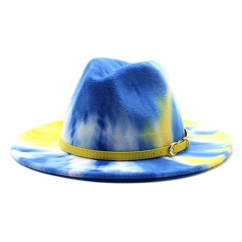 Tie Dye Fedora Hat Wool Felt Rainbow Wide Brim Jazz Cap Leather Belt Decoration For Men Women Travel Party