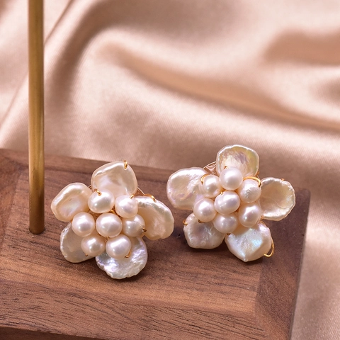 Freshwater Pearl Flower Stud Earrings Copper Gold Plated Baroque Pearl Jewelry Accessories For Women Elegant Retro Gift