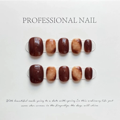 Faux Ongles Faits Main Ambre Marbre Brun Caramel Brillant Court Carré Pour Femmes