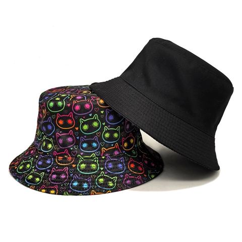 Emmer Hoed Polyester Neon Kleurrijke Cartoon Kat Print Zonbescherming Outdoor Reizen Graffiti Stijl Unisex Hoed