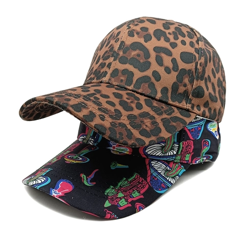 Distressed Honkbalpet Luipaard Paddestoel Print Polyester Verstelbare Gebogen Rand Zonnescherm Retro Hip Hop Streetwear