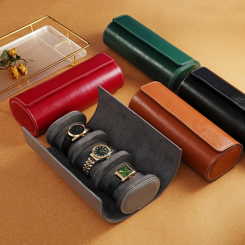 Portable PU Leather Watch Roll Storage Box Travel Watch Organizer Cylindrical Display Case With Velvet Lining For Men Women
