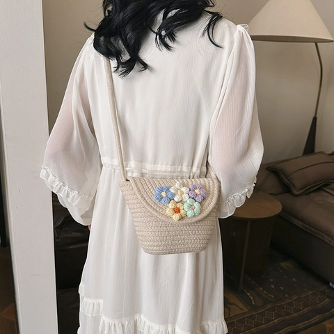 Stro Geweven Schoudertas Crossbody Tas Met Gehaakte Bloem Handgemaakte Kleine Pastorale Strand Retro Stijl Voor Dames