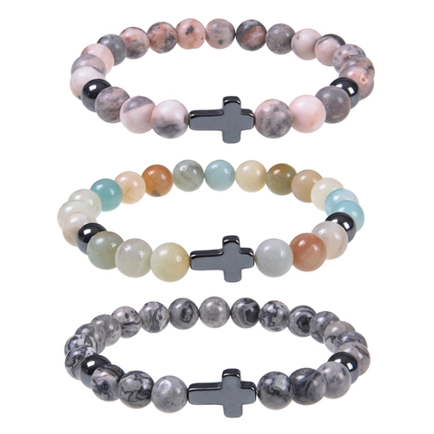 Natural Stone Beaded Bracelet With Alloy Cross Charm Round Beads Elastic Christian Religious Jewelry Gift Card