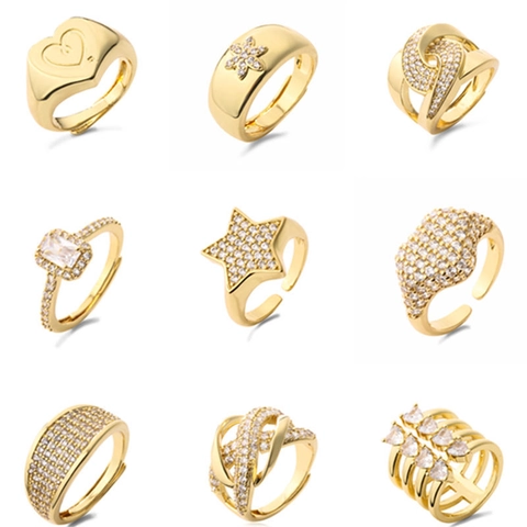 Adjustable Open Ring Copper 18K Gold Plated Micro Pave Cubic Zirconia Geometric Heart Star Fashion Jewelry For Women