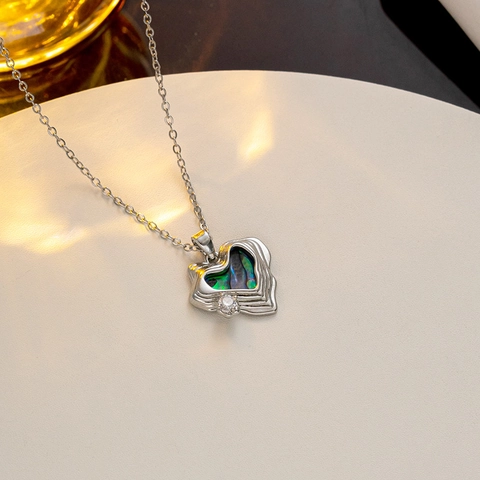 Ins Stijl Abalone Schelp Hart Hanger Halsketting Voor Vrouwen Titanium Staal Goud Zilver Strass Ingelegde Sleutelbeen Ketting