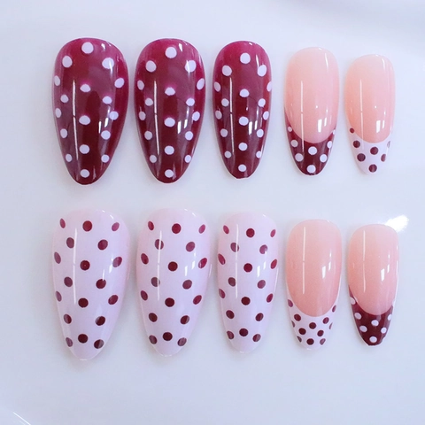 Unghie A Pressione Mandorla Lunghe Pois French Tip Rosso Vino Bianco Plastica ABS Unghie Finte Per Donne
