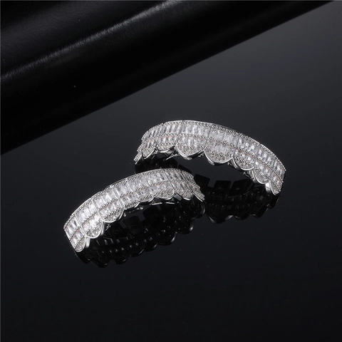 Hip Hop Copper Teeth Grillz Set Full Rhinestone Iced Out Grillz Gold Silver Color Mouth Decor For Men Women Jewelry
