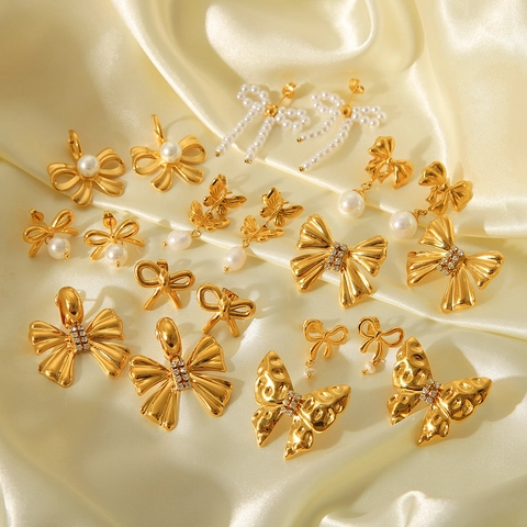 Pendientes De Lazo Estilo Ins Francés Chapados En Oro De 18K Acero Inoxidable Con Perla Artificial Estrás Joyería Para Mujer