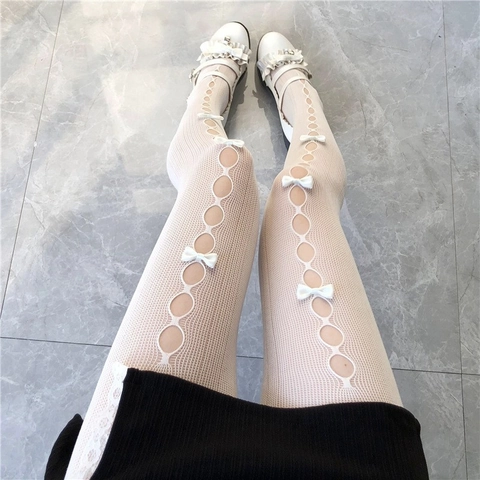 Lolita Stil Aushöhlen Netzstrumpfhose Süße Schleife Dekorative Strumpfhose JK Stil Mädchen Distressed Netzstrümpfe Für Damen