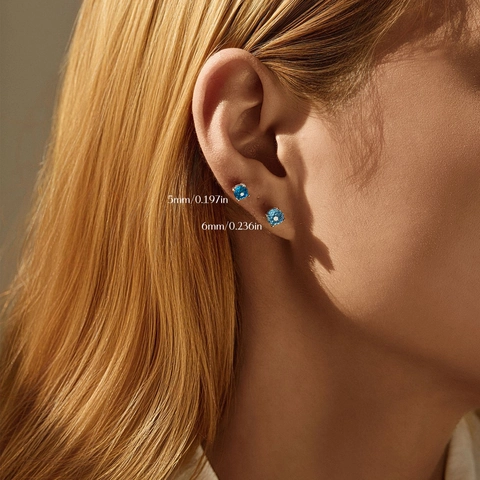 Runde Blaue Zirkon Ohrstecker Mit 925 Sterling Silber Ohrstecker Funkelnde Vier Klauen Einstellung Elegante Damen Schmuck