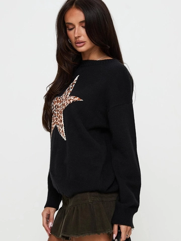 Pull En Maille Femme Noir Imprimé Étoile Léopard Col Rond Manches Longues Haut Décontracté Mode