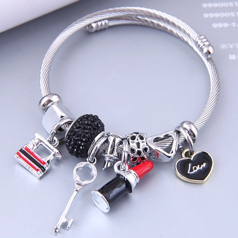 Lipstick Heart Charm Bangle Bracelet Stainless Steel Wire Adjustable Enamel Key Crystal Beads Jewelry For Women