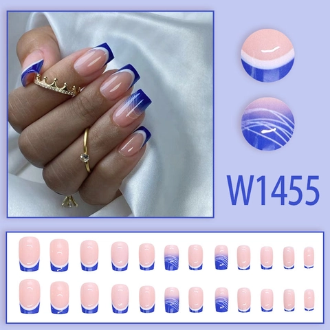 French Klein Blue White Lines Press On Nails Long Square Gradient Elegant Glossy False Nails For Women