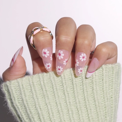 Unghie Finte A Pressione Stile Francese Base Rosa Margherite Bianche Forma A Mandorla Lucido Manicure Per Donna Indossabile