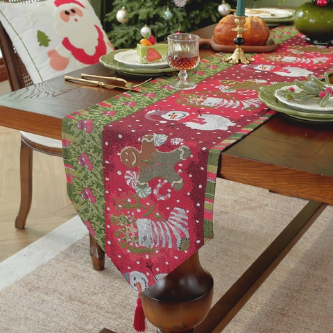 Christmas Table Runner Polyester Cotton Jacquard Snowman Penguin Pattern Holiday Dining Party Decoration With Tassels