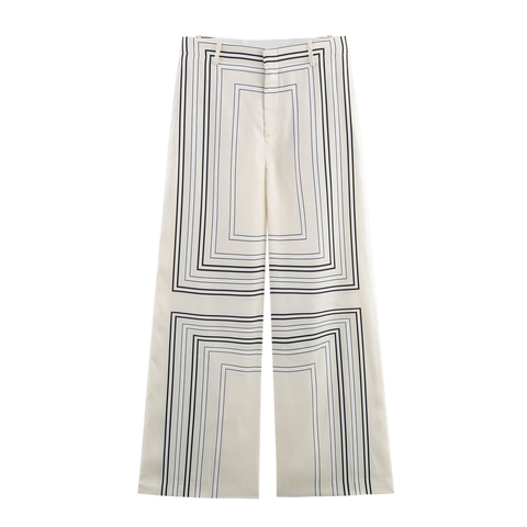 Dames Wijde Pijpen Broek Geometrische Print Polyester Satijn Elastische Taille Casual Streetwear Lange Broek Crème Zwart