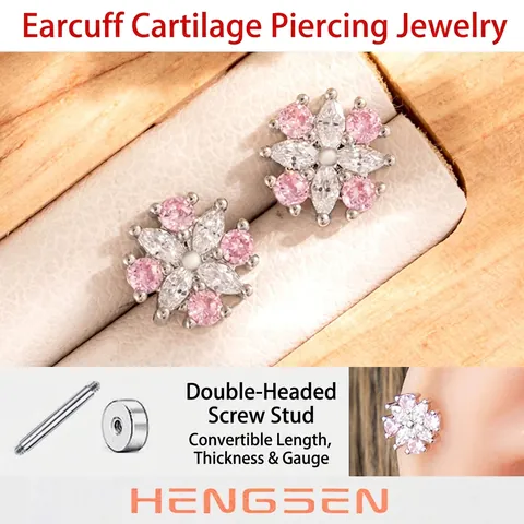 Flower Ear Cartilage Stud Piercing Jewelry Titanium Steel Screw Back Pink White Zircon Floral Helix Tragus Earring For Women