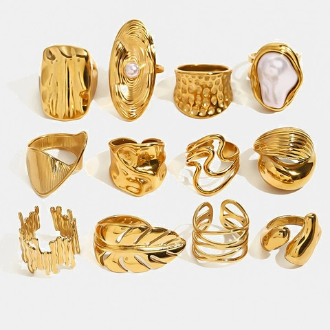 Edelstahl 18K Vergoldet Unregelmäßiger Ring Damen Wasserdicht Hypoallergen Übertrieben Organisches Design Klobiger Schmuck