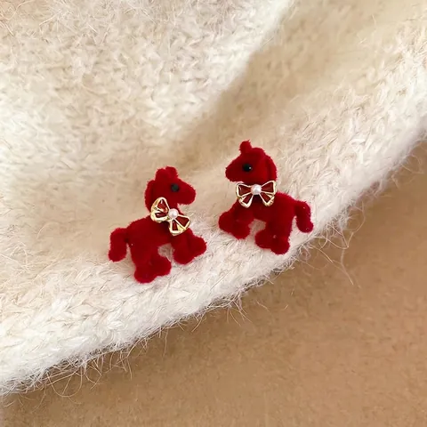 Red Flocked Pony Stud Earrings With Golden Bowknot And Faux Artificial Pearl Silver Earring Post Vintage For Women