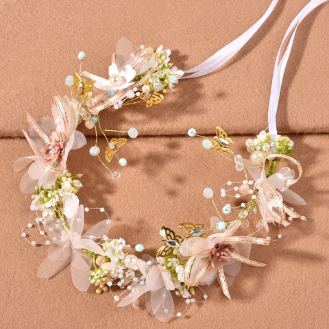 Diadema De Corona De Flores Con Rosas De Tela Perlas Artificiales Artificiales Y Mariposa De Metal Estilo Hada Bosque Accesorios Cabello Novia