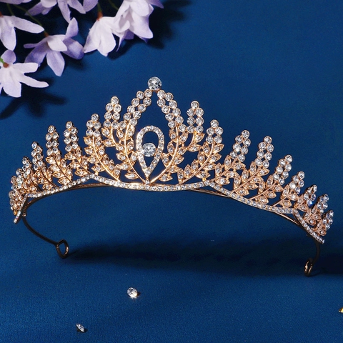 Bridal Tiara Crown Alloy Rhinestone Crystal Vintage Leaf Design Wedding Princess Hair Jewelry For Women