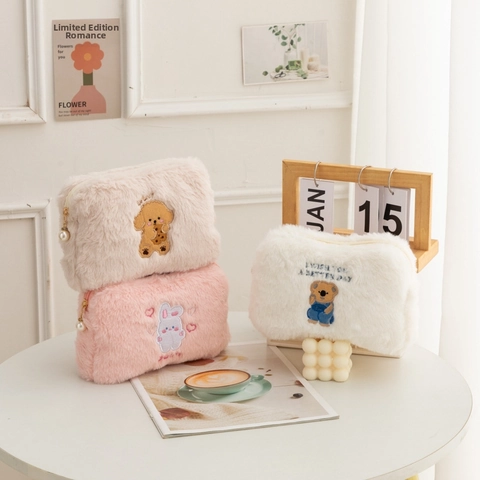 Cute Plush Makeup Bag With Cartoon Animal Embroidery And Artificial Pearl Zipper Pull Soft Portable Travel Toiletry Organizer Case