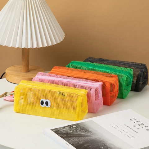 Mesh Pencil Case Cute Big Eyes Nylon Translucent Large Capacity Stationery Bag Portable Zipper Pouch For Students Office
