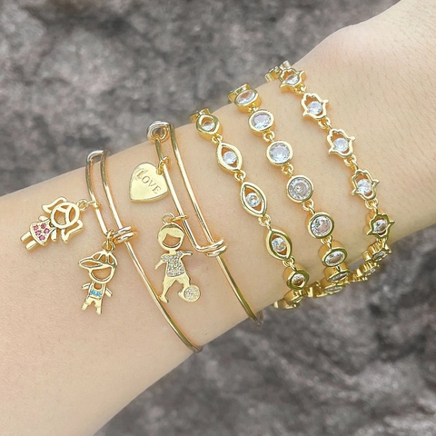 Adjustable Pendant Bracelet Copper Gold Plated With Zircon Cartoon Boy Girl Hamsa Heart Charms For Women Valentine Gift