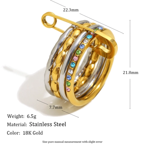 Anillo Sovrapposto A Quattro Strati Placcato Oro 18K Acciaio Inossidabile Spilla Da Balia Zirconia Colorata Gioielli